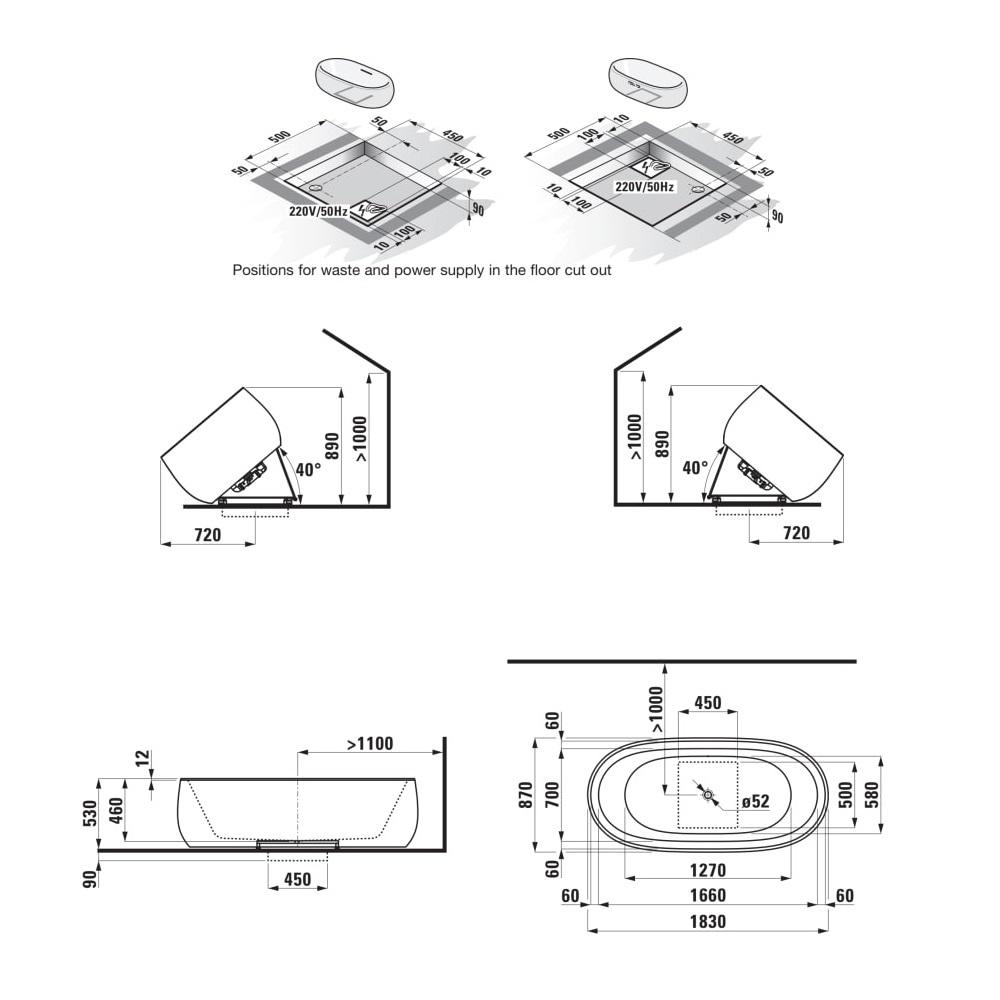 Laufen Il Bagno Alessi White kada 183x87x53 ovalnog oblika, samostojeća sa centralnim izrezom, prelivom i click-clack ovodnim ventilom i sistemom za podizanje 2.4597.2.000.000.1