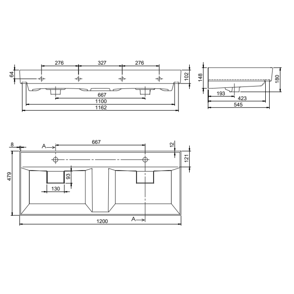 Turkuaz CeraStyle Sharp White umivaonik (lavabo) 120x47,9x10,2 konzolni i nadgradni sa 2 rupe za bateriju, 2 preliva i 2 korita dupli sa keramičkim odvodima 37700U