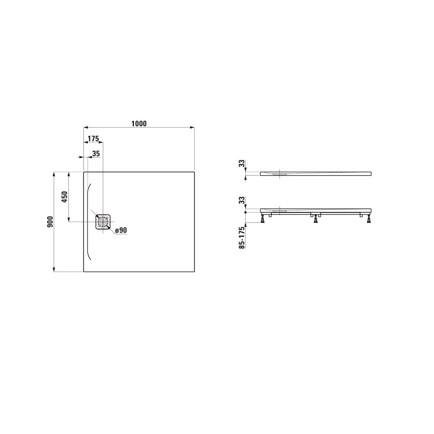 Laufen Pro Marbond White tuš kada 100x90 ugradna ili nadgradna visine 33mm sa poklopcem sifona 2.1095.7.000.000.1