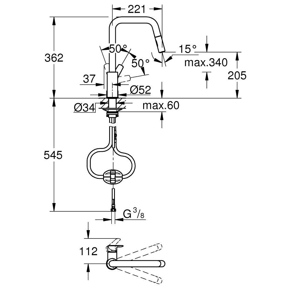 Grohe Eurosmart 205 Black Matt baterija (slavina) za sudoperu sa izvlačećim tušem i 2 vrste mlaza 306192430
