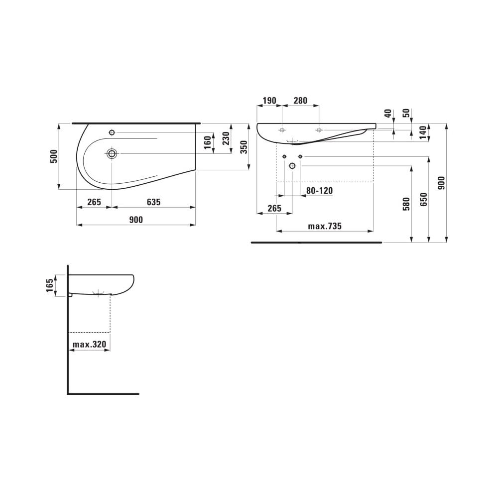 Laufen Il Bagno Alessi Black Matt umivaonik (lavabo) 90x50x16,5 konzolni sa desnim zaravnjenjem i keramičkim poklopcem odlivnog ventila sifona nezatvorivim 8.1497.5.716.109.1