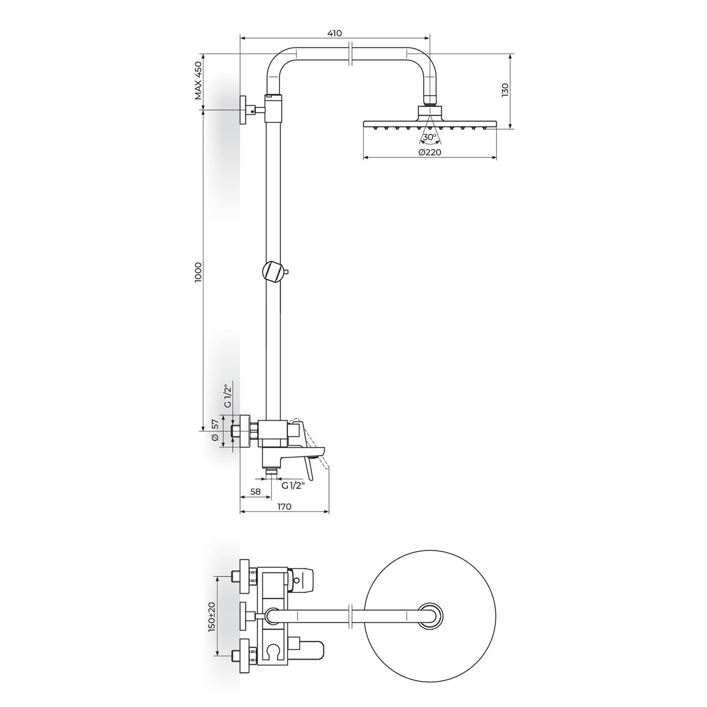 Rosan Stolz 220 White/Chrome kompletni tuš sistem sa izlivom, ručnim tuš setom i okruglim nadglavnim tušem 137351W