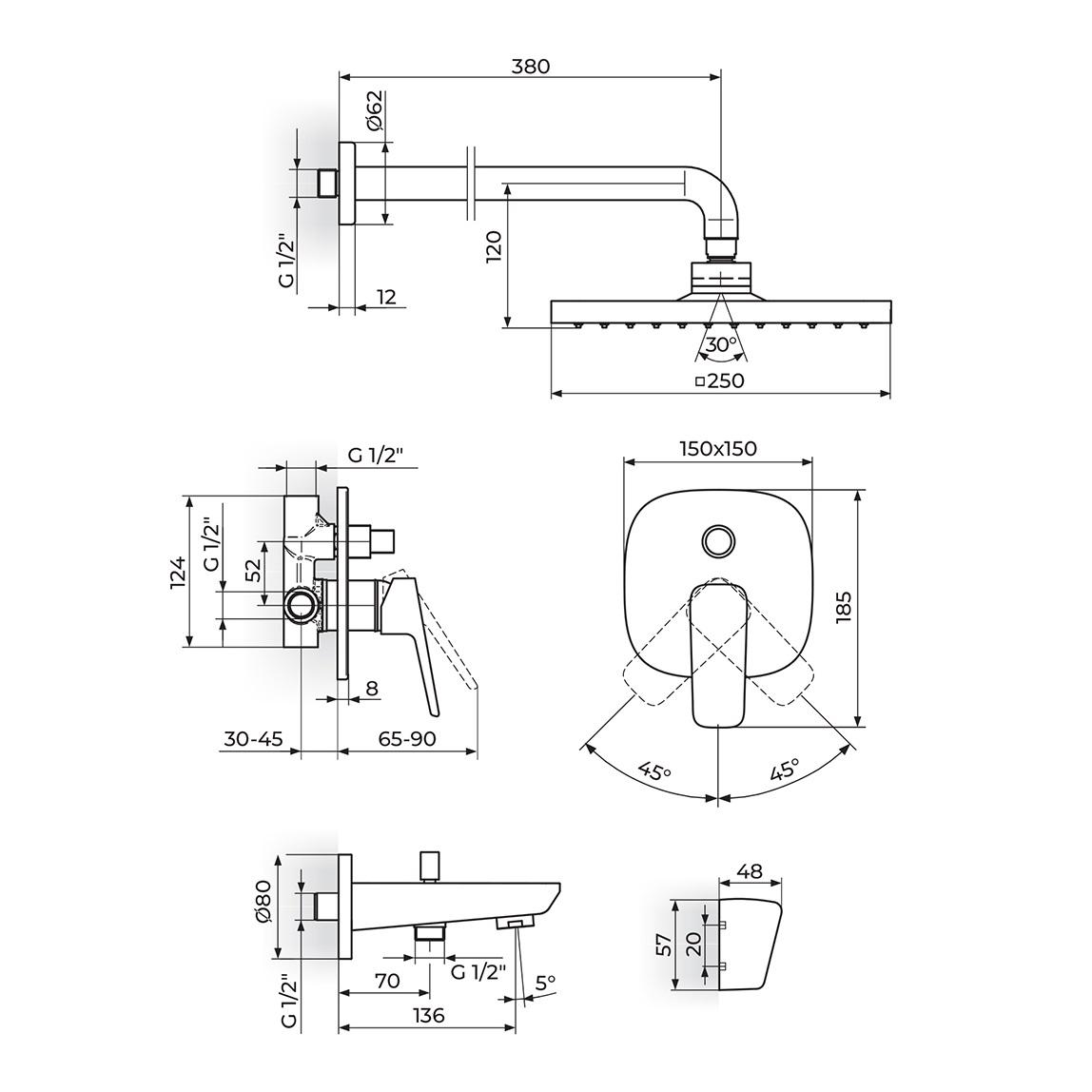 Rosan Stolz 250 Chrome mešač sa prebacivačem, izlivom sa prebacivačem, ručnim tuš setom i naglavnm tušem zidnim četvrtastim 131705