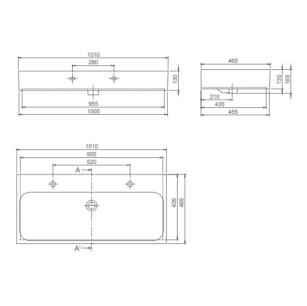 Turkuaz CeraStyle Pinto White umivaonik (lavabo) 101x46,5x13 konzolni i nadgradni sa 2 rupe za bateriju i prelivom 80500U