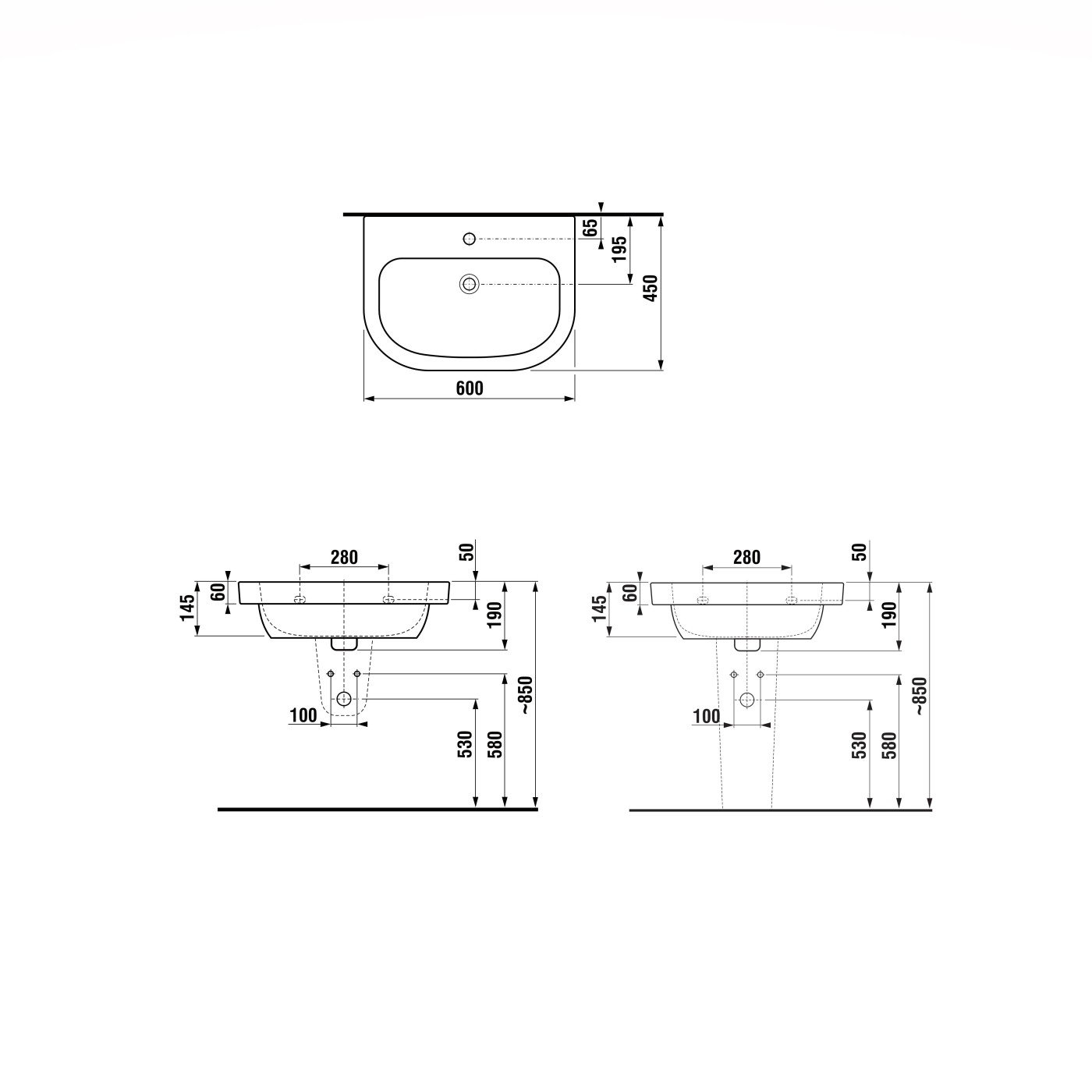 Jika Deep White umivaonik (lavabo) 60x45x19 konzolni sa rupom za bateriju i sa prelivom 8.1261.3.000.104.1