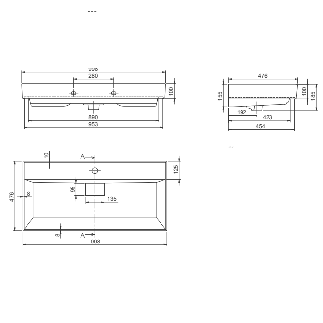 Turkuaz CeraStyle Sharp White umivaonik (lavabo) 99,8x47,6x10 konzolni sa rupom za bateriju i prelivom sa keramičkim odvodom 37500U