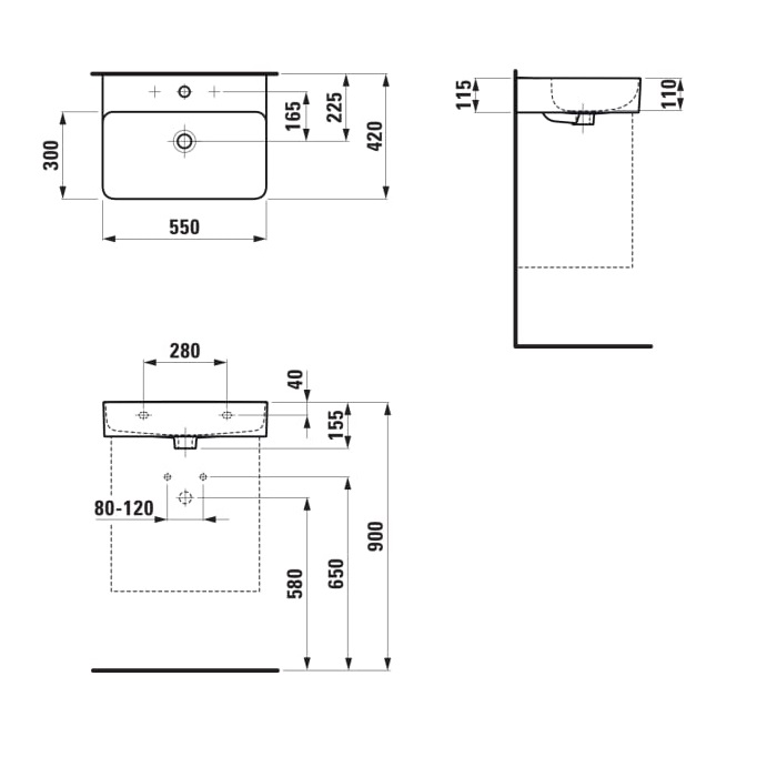 Laufen Val White umivaonik (lavabo) 60x42x11,5 konzolni i nadgradni sa rupom za bateriju i prelivom 8.1028.3.000.104.1