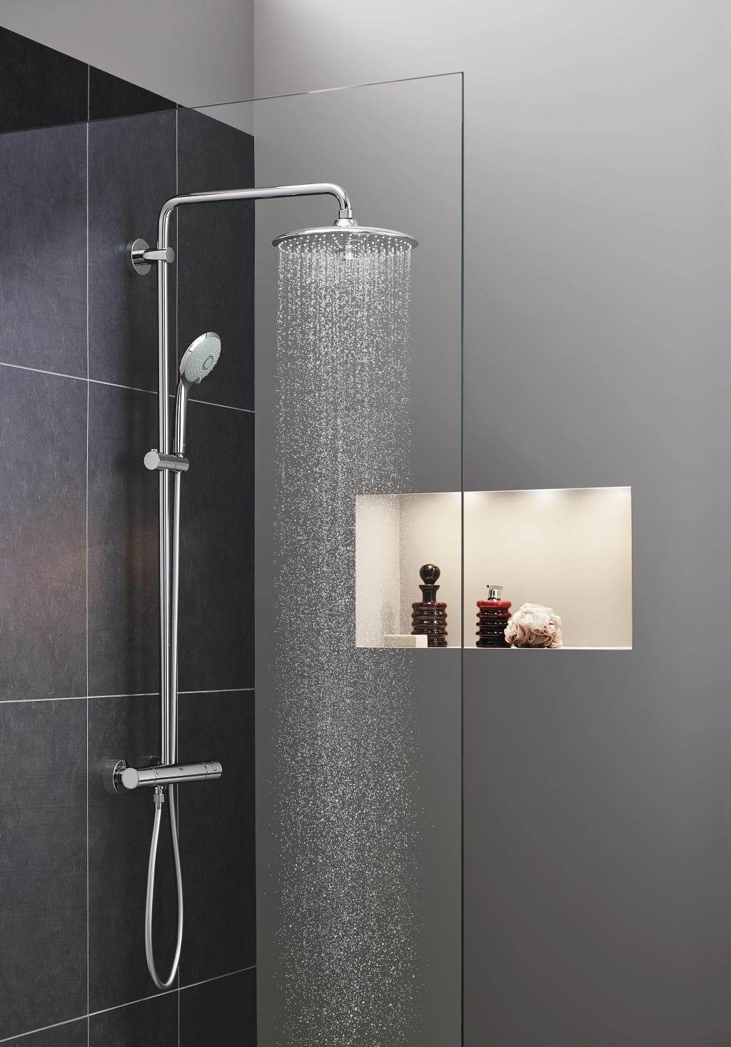 Grohe Euphoria System 310 Brushed Cool Sunrise tuš sistem usponski sa termostatskom baterijom ručnim tuš setom i okruglim nadglavnim tušem 26075GN0