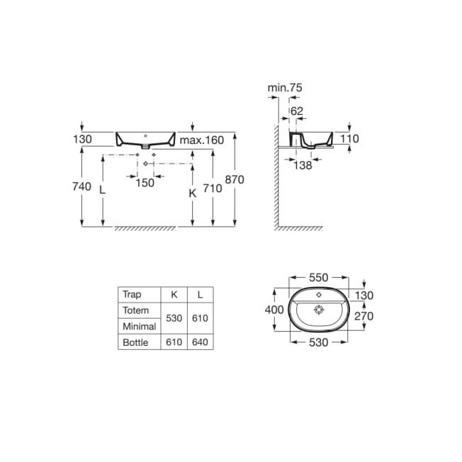 Roca The Gap Round White umivaonik (lavabo) 55x40x13 nadgradni ovalni sa rupom za bateriju i prelivom A3270Y0000