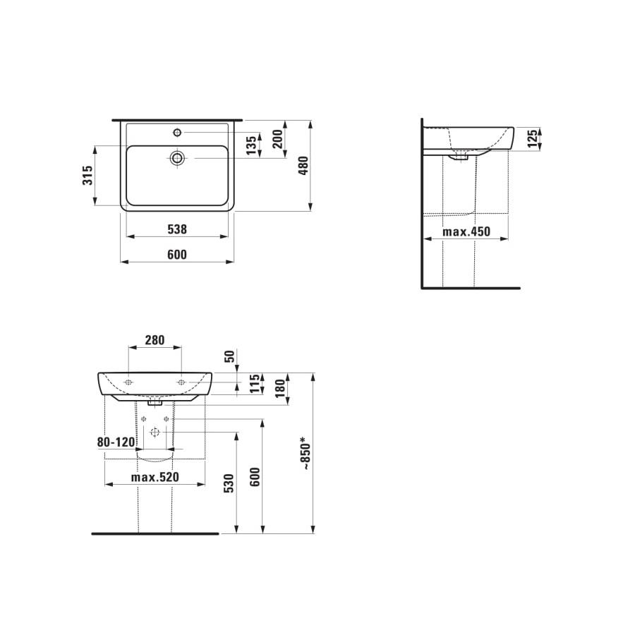 Laufen Pro White umivaonik (lavabo) 60x48x11,5 konzolni i nadgradni sa rupom za bateriju i prelivom 8.1895.2.000.104.1
