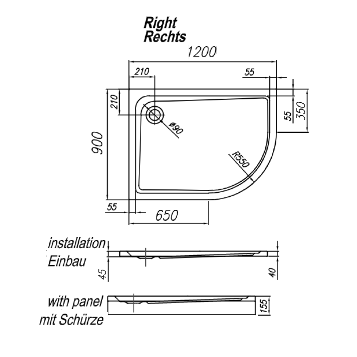 Kolpa San Malur D White 90x120x15.5 R550 tuš kada desna polukružna ugradna od sanitarnog akrila sa oblogom i postoljem sa odlivom Ø90mm 537080