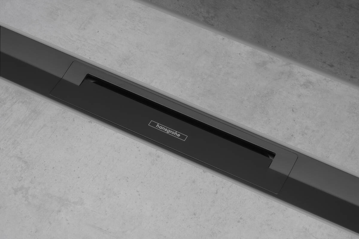 Hansgrohe RainDrain Flex 700 Matt Black tuš kanal skrativi za visinu ugradnje 67 ili 102mm sa pokrivnom rešetkom od nerđajućeg čelika i integrisanim nagibom bez ugradnog odvodnog tela 56043670