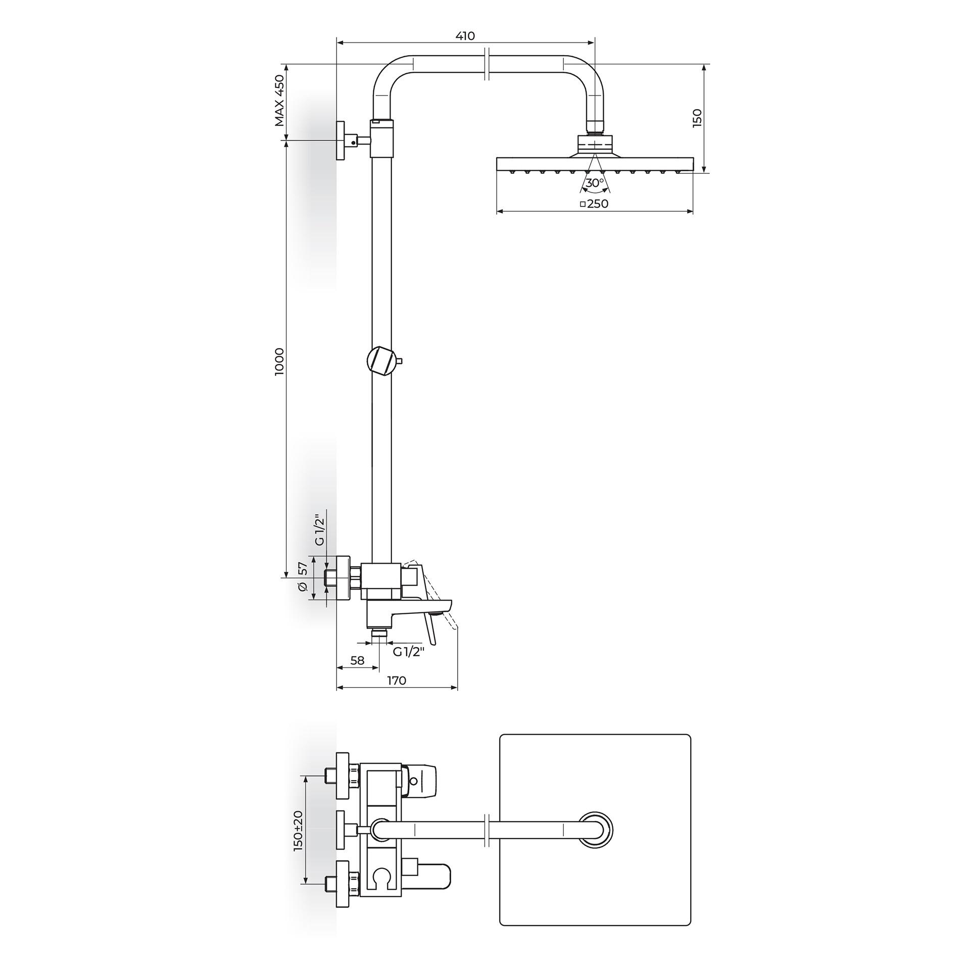 Rosan Stolz 250 Chrome kompletni tuš sistem sa izlivom, ručnim tuš setom i četvrtastim nadglavnim tušem 137352