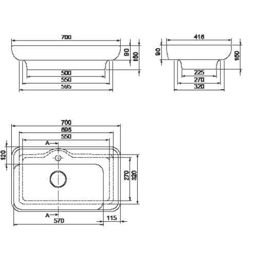 Turkuaz CeraStyle Lal White umivaonik (lavabo) 70x42 nadgradni sa rupom za bateriju, keramičkim poklopcem odvoda i desnim zaravnjenjem 72300U