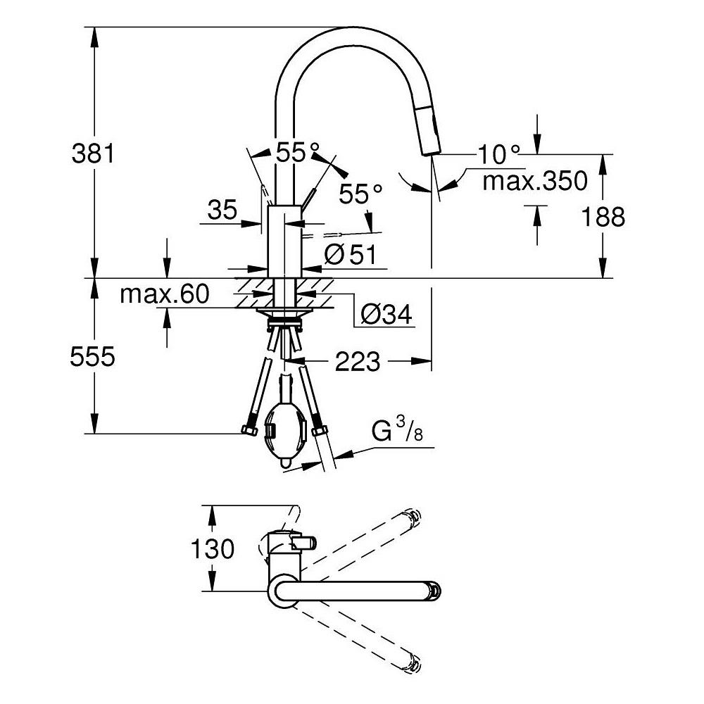 Grohe Eurosmart Cosmopolitan 190 Chrome baterija (slavina) za sudoperu sa izvlačećim tušem i 2 vrste mlaza 31481001