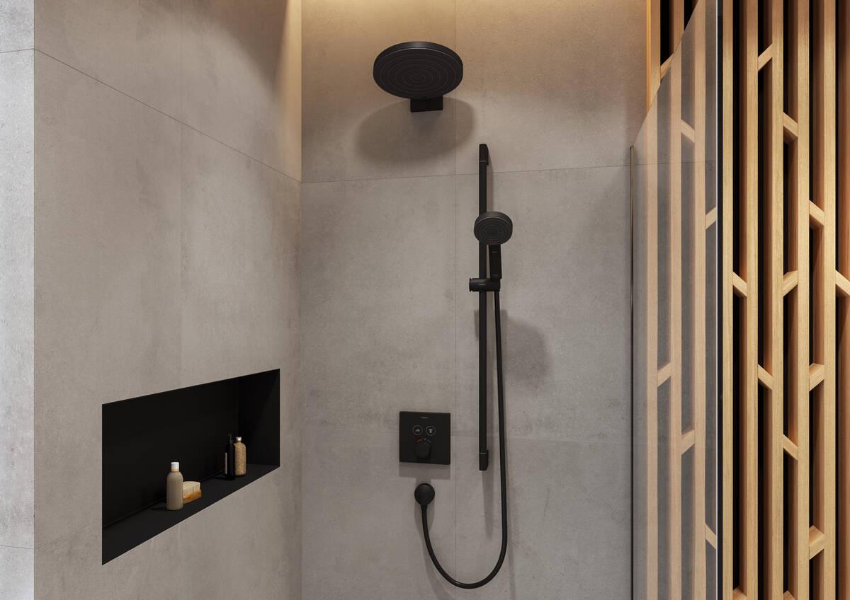 Hansgrohe Pulsify Select S 65 Matt Black tuš set: ručni tuš sa 3 mlaza, Isiflex 1600 crevo za tuš i usponska šipka sa kliznim držačem 24161670