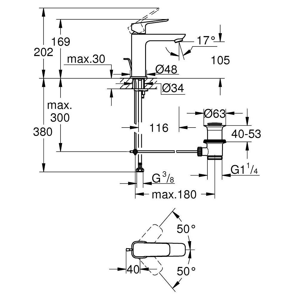 Grohe Cubeo 105 Chrome baterija (slavina) za umivaonik sa odlivnim ventilom sifona pop-up 1017490000