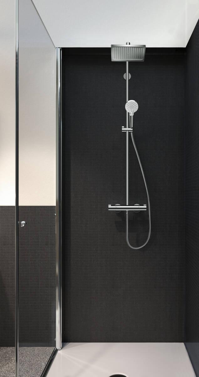 Hansgrohe Crometta E 240 Chrome tuš sistem usponski sa termostatskim mešačem, ručnim tuš setom i četvrtastim nadglavnim tušem 27271000