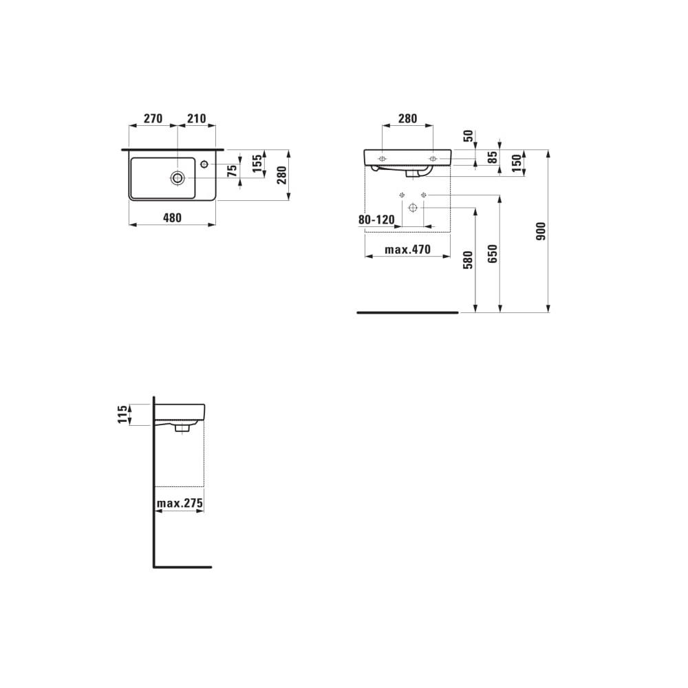 Laufen Pro S White umivaonik (lavabo) 48x28x8,5 konzolni sa rupom za bateriju desno i sa prelivom 8.1595.4.000.104.1