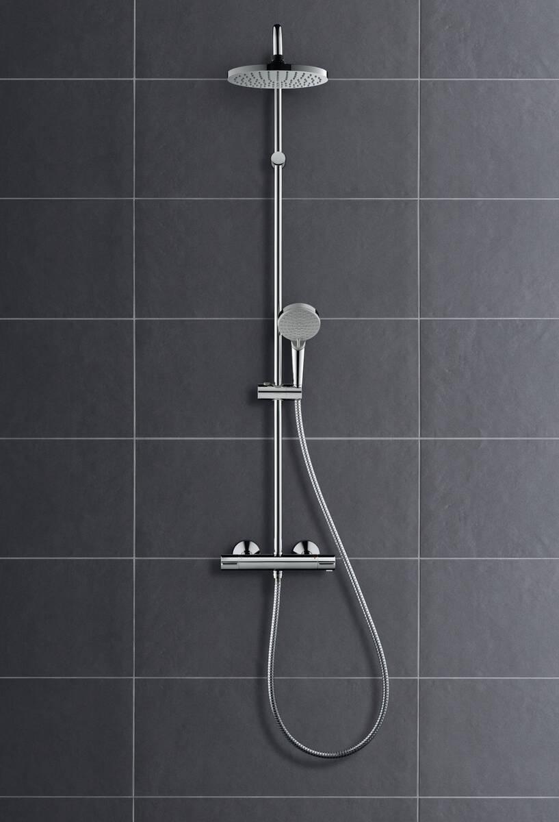 Hansgrohe Vernis Blend 200 Chrome tuš sistem usponski sa termostatskom baterijom, ručnim tuš setom i okruglim nadglavnim tušem 26276000