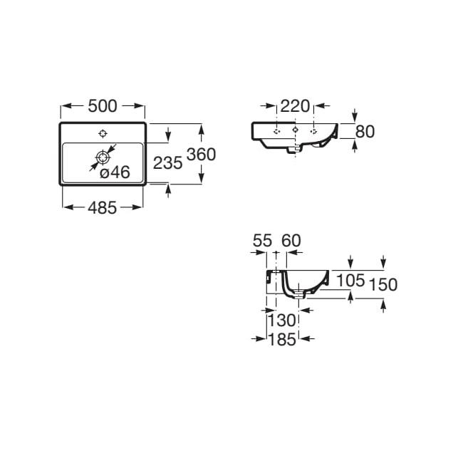 Roca Ona White Fineceramic® umivaonik (lavabo) 50x36x8 konzolni sa rupom za bateriju i prelivom A32768E000