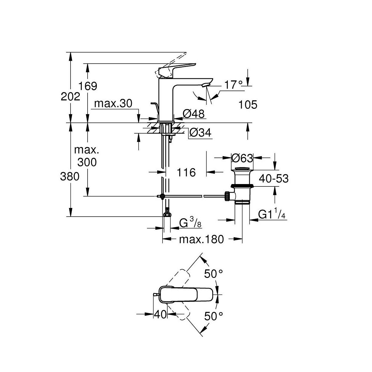 Grohe Cubeo 105 Matt Black baterija (slavina) za umivaonik sa odlivnim ventilom sifona pop-up 1017492430