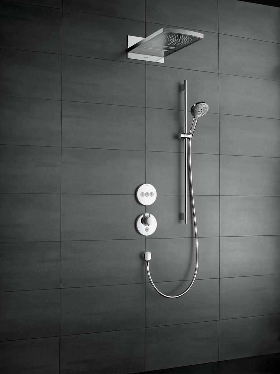 Hansgrohe Croma Select S 110 White/Chrome tuš set: ručni tuš sa 3 mlaza, Isiflex'B 1600 crevo za tuš i usponska šipka sa kliznim držačem i policom 26574400