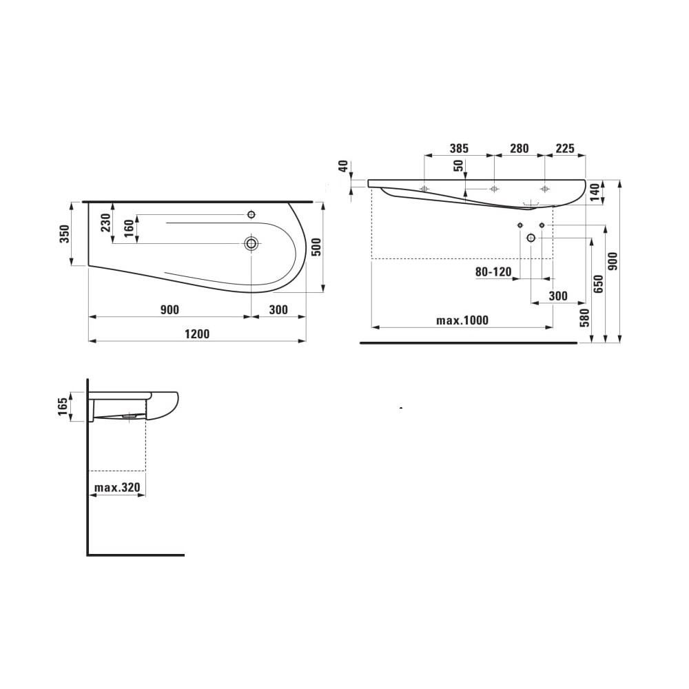 Laufen Il Bagno Alessi White LCC umivaonik (lavabo) 120x50x14 konzolni sa levim zaravanjenjem i keramickim poklopcem odlivnog ventila nezatvorivim 8.1497.4.400.109.1