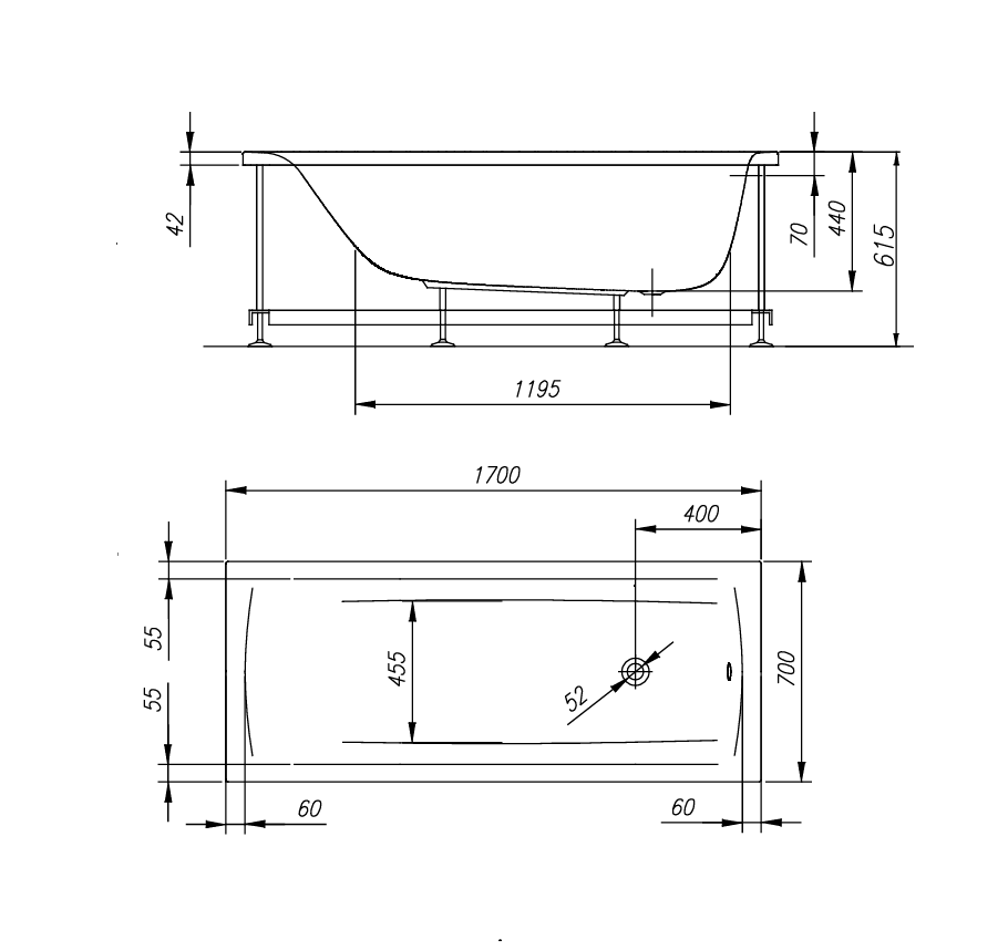 Kolpa San Evelin White 170x70x44 kada za kupanje četvrtasta ugaona ugradna od sanitarnog akrila sa odlivom i prelivom Ø52mm 593340