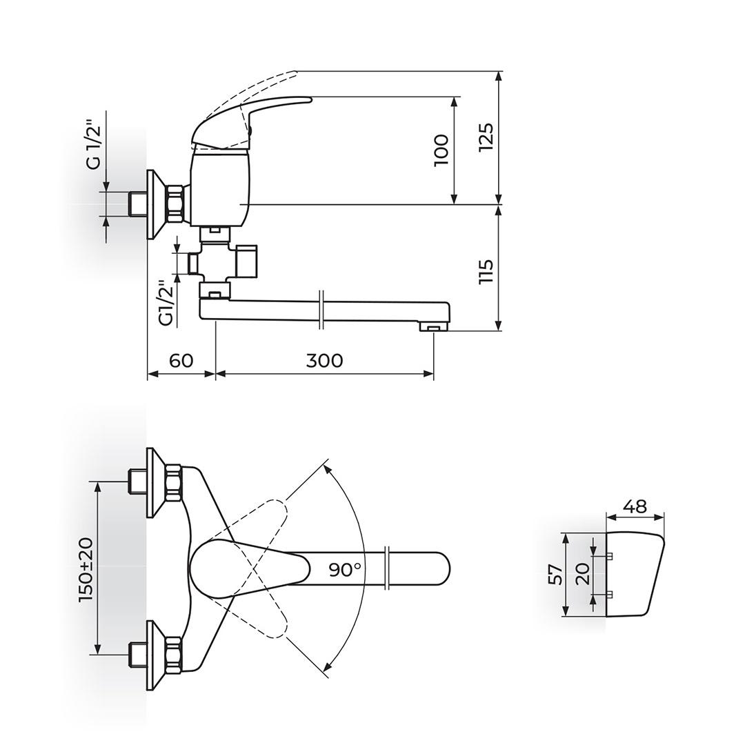 Rosan King Chrome 360 švedska baterija (slavina) za umivaonik/kadu zidna sa ručnim tuš setom J341001