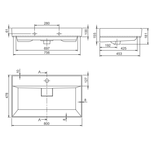 Turkuaz CeraStyle Sharp White umivaonik (lavabo) 80x47,8x10 konzolni sa rupom za bateriju i prelivom sa keramičkim odvodom 37300U
