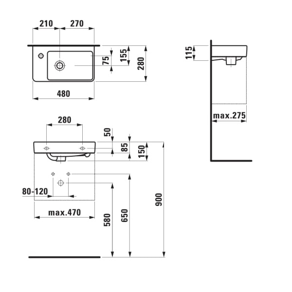 Laufen Pro S White umivaonik (lavabo) 48x28x8,5 konzolni sa rupom za bateriju levo 8.1595.5.000.104.1