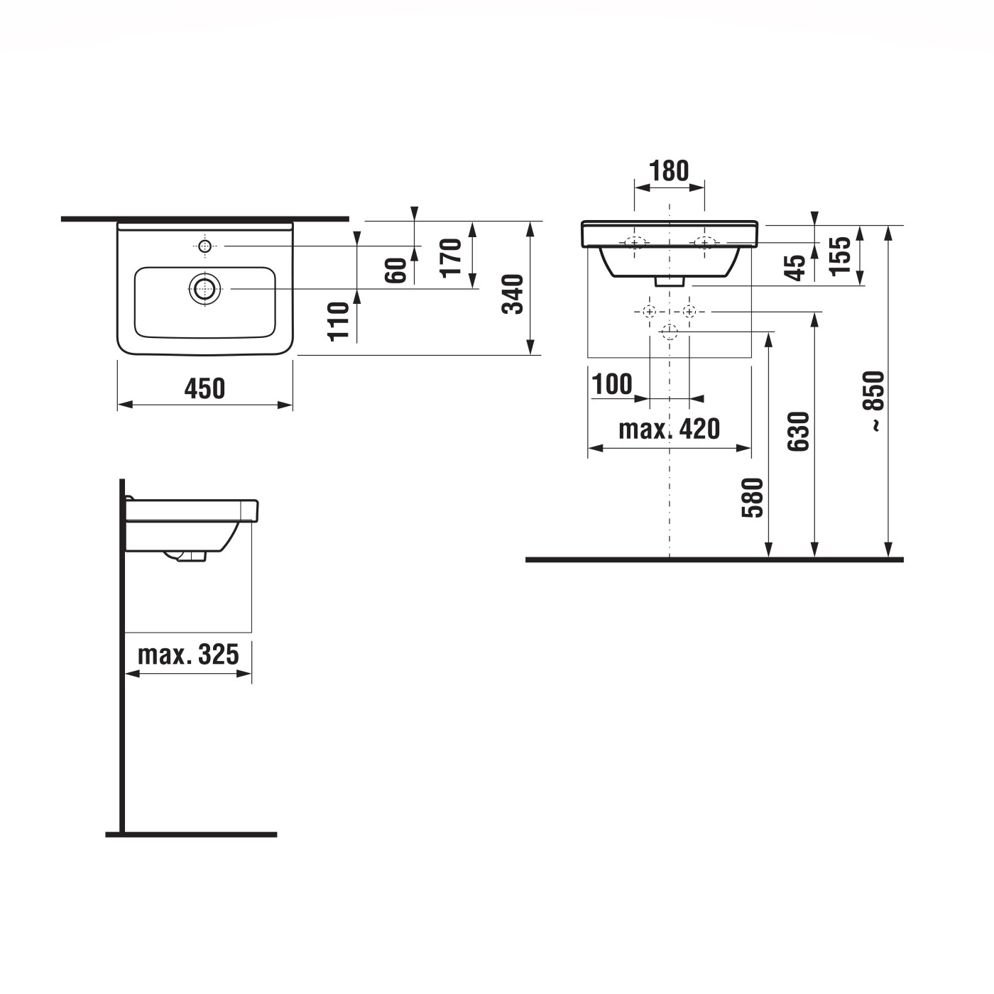 Jika CubitoPure White umivaonik (lavabo) 450x340x45 konzolni sa rupom za bateriju i sa prelivom 8.1142.2.000.104.1
