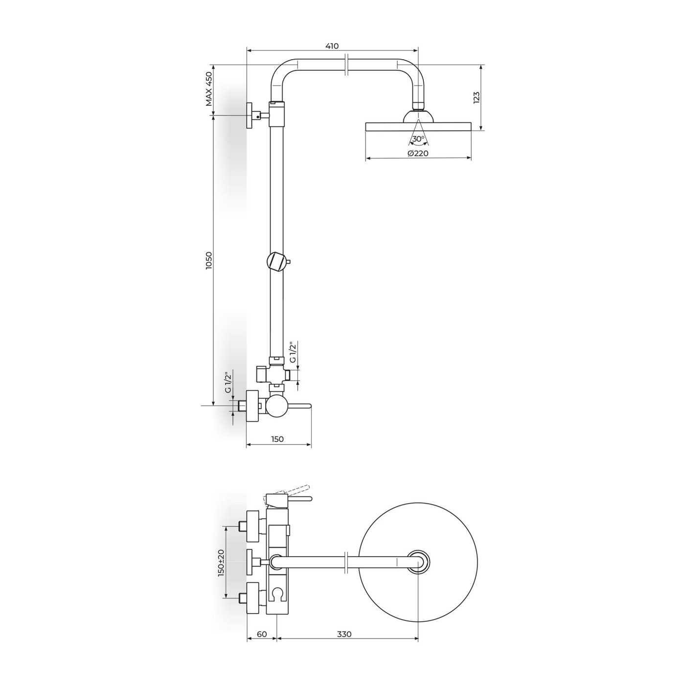 Rosan Zerro 220 Chrome tuš sistem usponski sa baterijom, ručnim tuš setom i okruglim nadglavnim tušem JZ37251