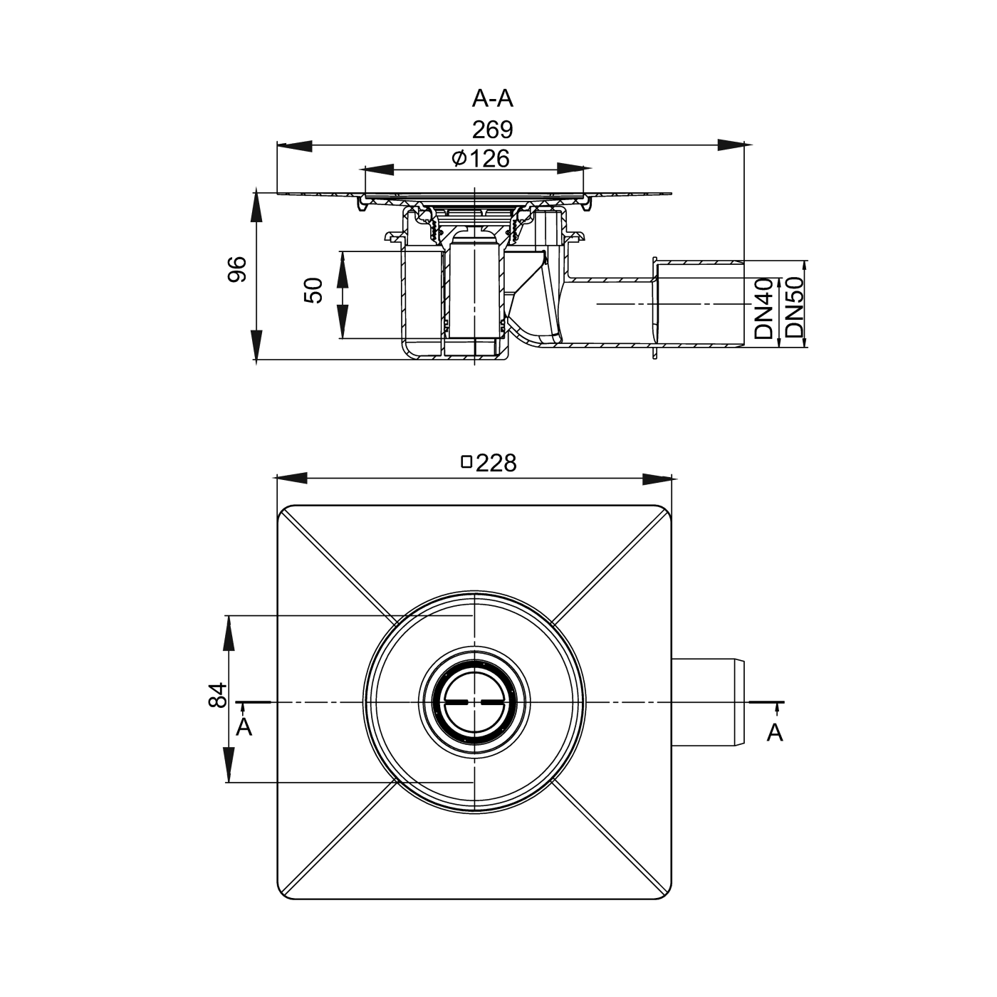Aco MG Drain 105x105 podni slivnik sa minimalnom visinom ugradnje 104mm, horizontalnom flanšom za plitku hidroizolaciju i horizontalnim odvodom Ø40/50mm 2245.50.00
