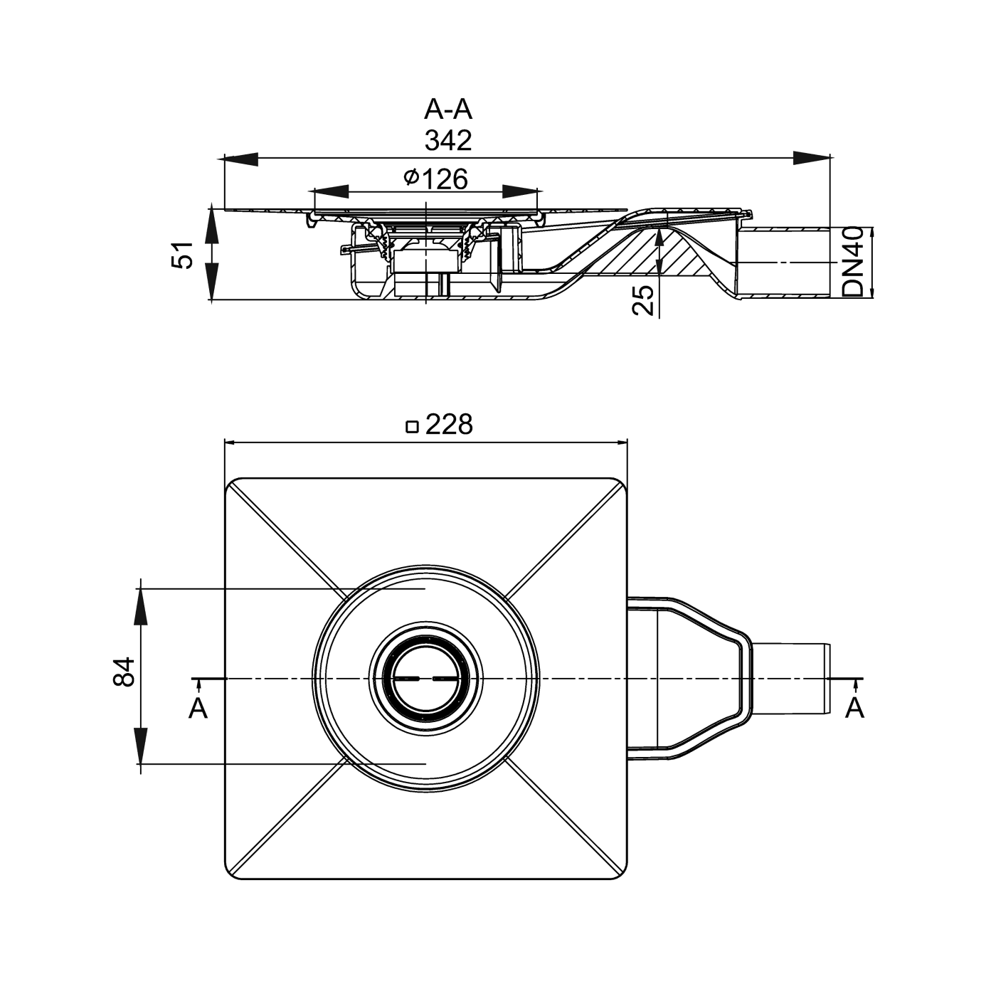 Aco MG Drain 105x105 podni slivnik sa minimalnom visinom ugradnje 60mm, horizontalnom flanšom za plitku hidroizolaciju i horizontalnim odvodom Ø40mm 2245.25.00