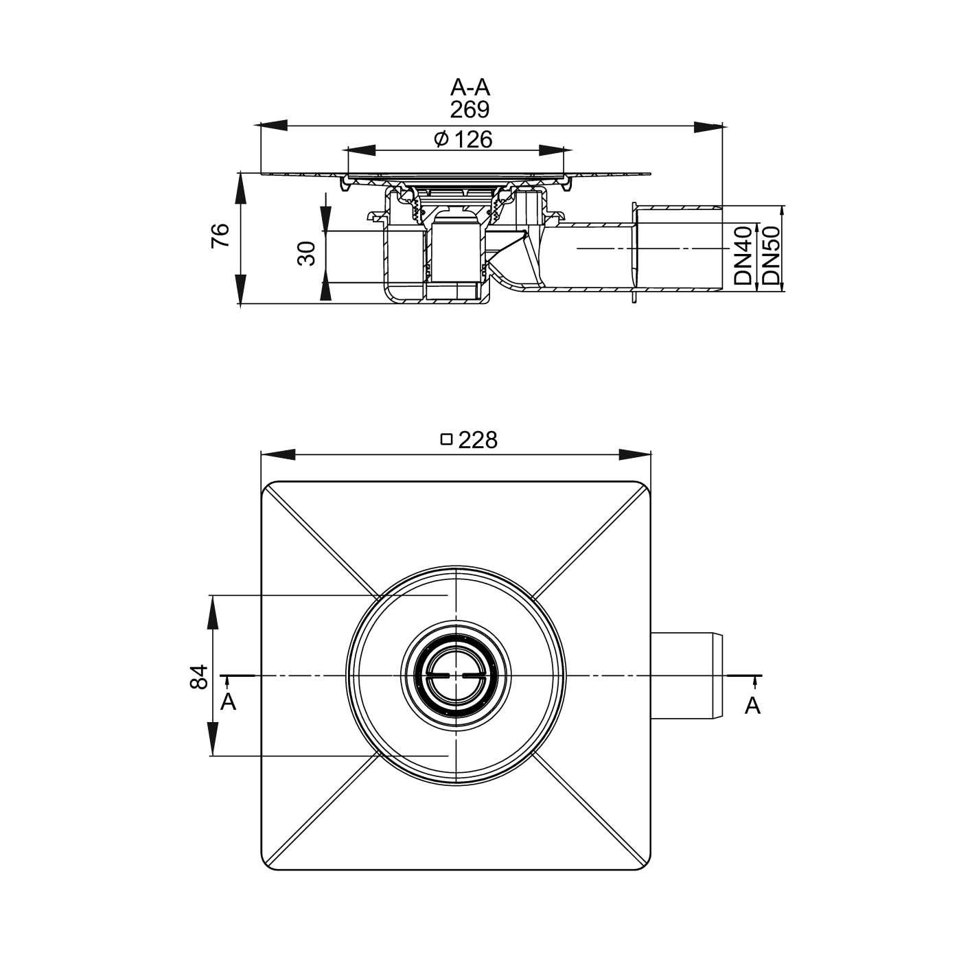 Aco MG Drain 105x105 podni slivnik sa minimalnom visinom ugradnje 84mm, horizontalnom flanšom za plitku hidroizolaciju i horizontalnim odvodom Ø40/50mm 2245.30.00