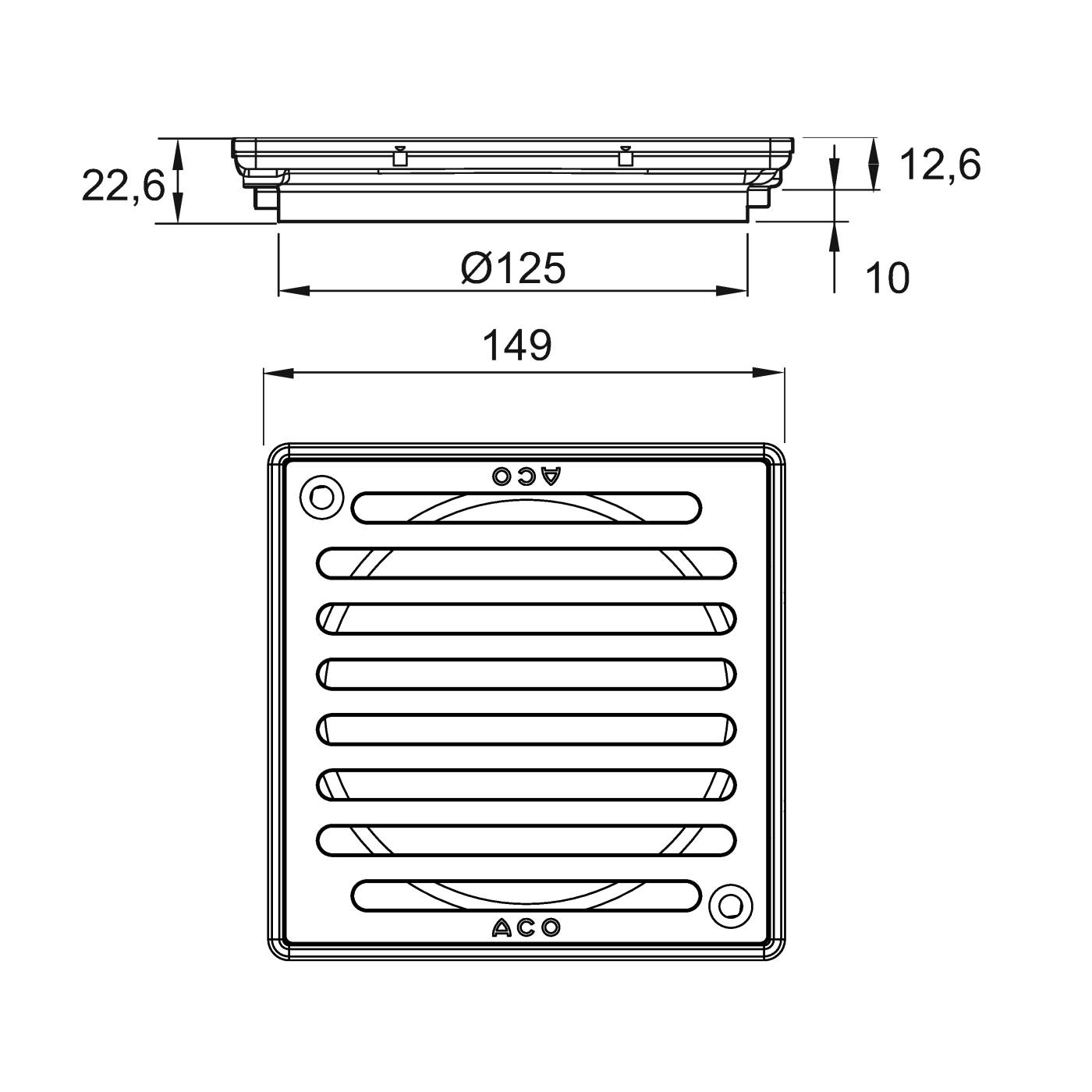 Aco MG Drain 150x150 Chrome pokrivna perforirana rešetka za podni slivnik sa ramom od nerđajućeg čelika debljine 4mm 9010.68.07
