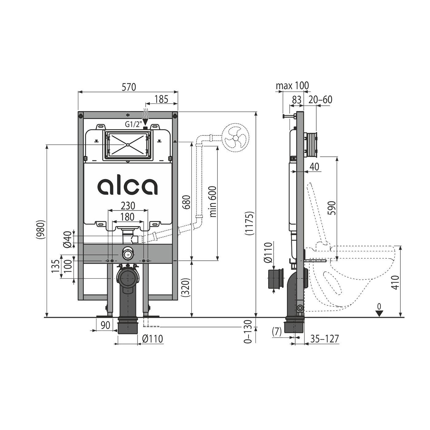 Alca Drain Sádromodul AM1101/1200 Slim ugradni vodokotlić za konzolnu WC šolju sa setom za kačenje za oblaganje gips-karton pločama 57x8,3-10x117,5