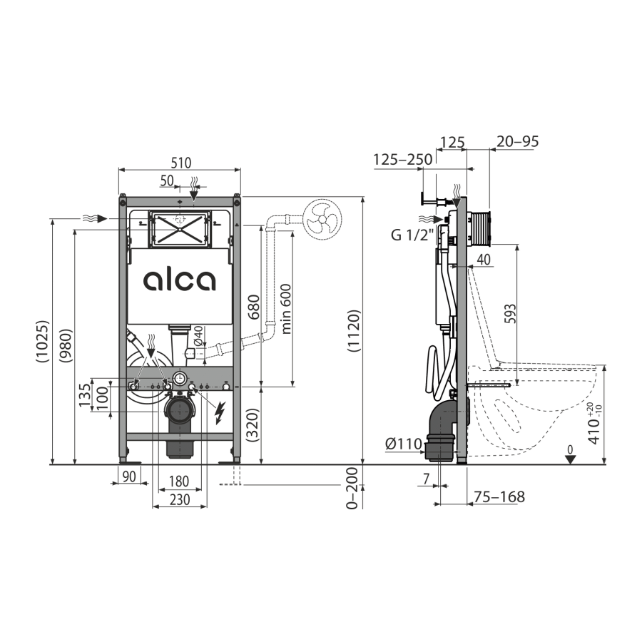 Alca Drain Sádromodul AM120/1120 Bidet ugradni vodokotlić za konzolnu WC šolju sa bide funkcijom sa setom za kačenje za oblaganje gips-karton pločama 51x12,5-25x112