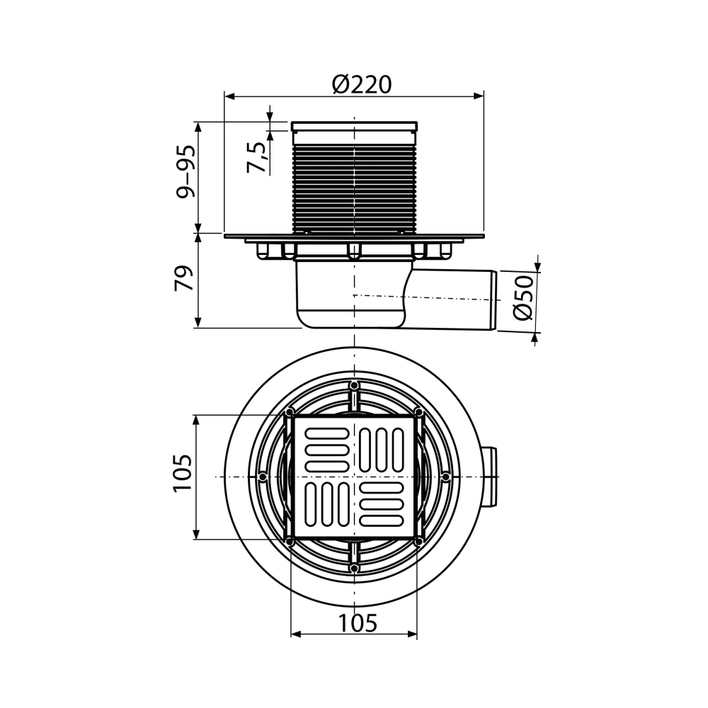 Alca Drain APV101 105x105 Chrome podni slivnik sa visinom ugradnje 88-174mm, zatvaračem neugodnog mirisa, pokrivnom perforiranom rešetkom od čvrstog mesinga debljine 4mm i horizontalnim odvodom Ø50mm
