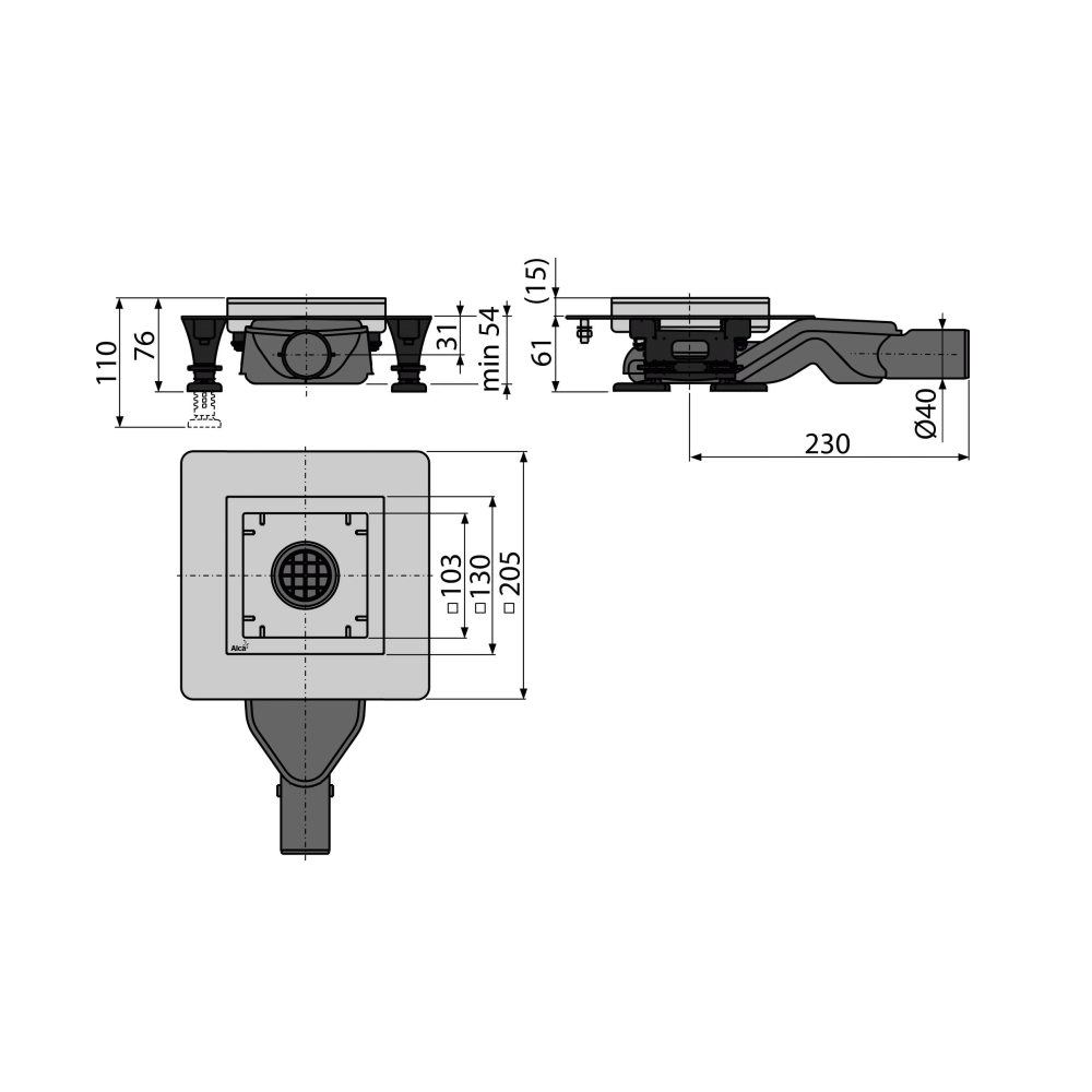 Alca Drain APV110 130x130 Chrome podni slivnik sa visinom ugradnje 76-110mm, Smart sifonom sa zatvaračem mirisa i horizontalnim odvodom Ø40mm