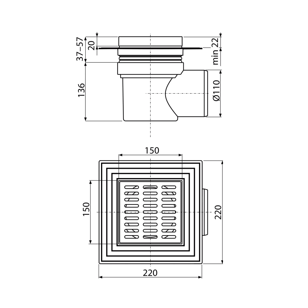 Alca Drain APV12 150x150 Chrome podni slivnik sa visinom ugradnje 173-193mm, mokrim sifonom, pokrivnom perforiranom rešetkom od nerđajućeg čelika debljine 5mm i horizontalnim odvodom Ø110mm