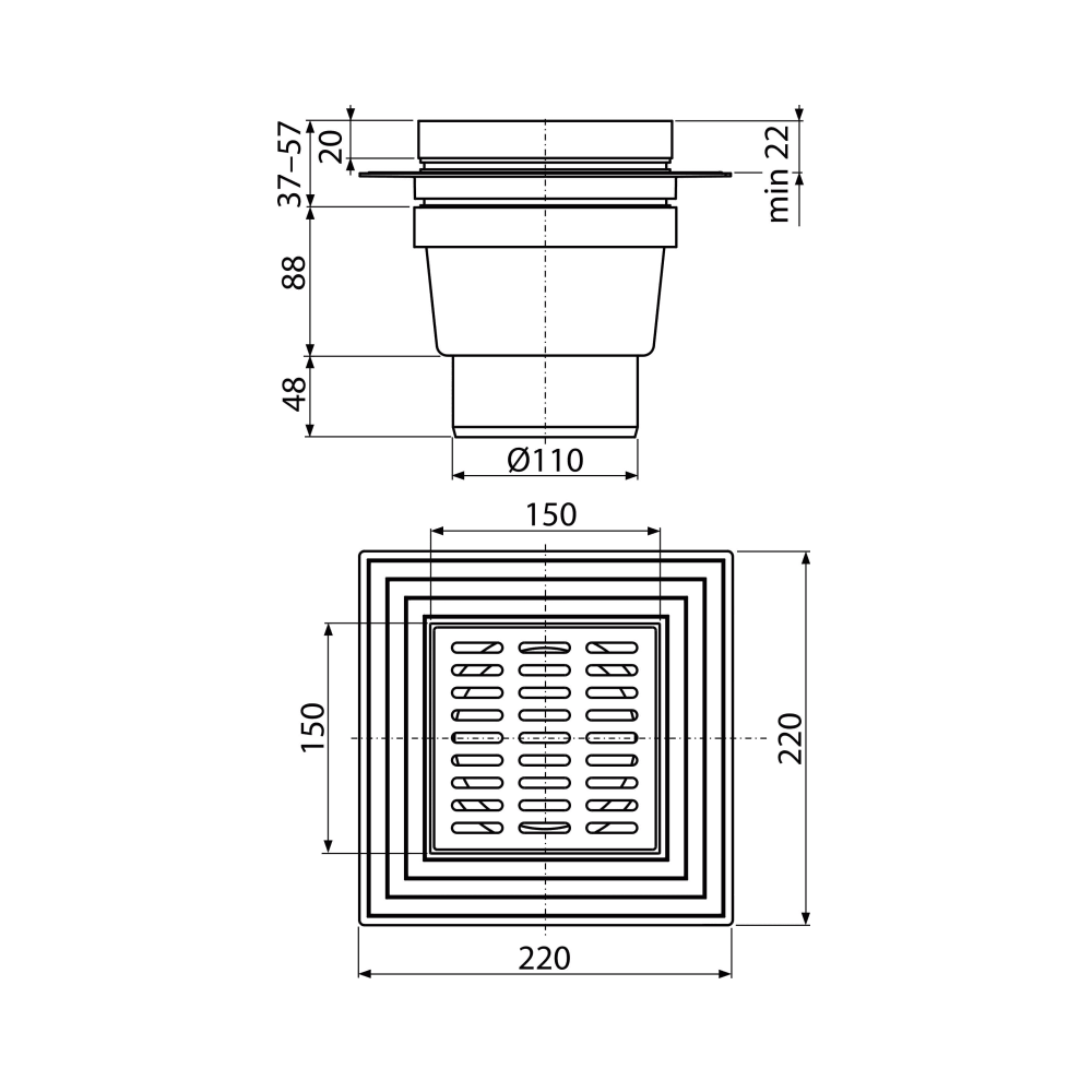Alca Drain APV13 150x150 Chrome podni slivnik sa visinom ugradnje 158-195mm, mokrim sifonom, pokrivnom perforiranom rešetkom od nerđajućeg čelika debljine 5mm i vertikalnim odvodom Ø110mm