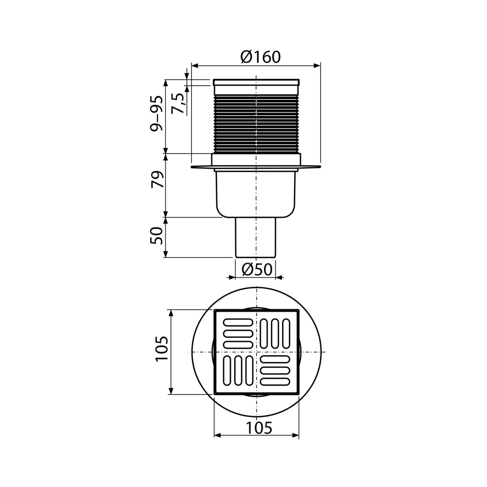 Alca Drain APV2 105x105 Chrome podni slivnik sa visinom ugradnje 138-224mm, mokrim sifonom, pokrivnom perforiranom rešetkom od nerđajućeg čelika debljine 5mm i vertikalnim odvodom Ø50mm
