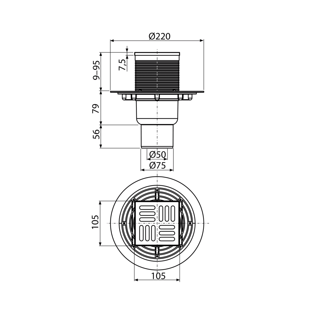 Alca Drain APV201 105x105 Chrome podni slivnik sa visinom ugradnje 144-230mm, zatvaračem neugodnog mirisa, pokrivnom perforiranom rešetkom od čvrstog mesinga debljine 4mm i vertikalnim odvodom Ø50/75mm