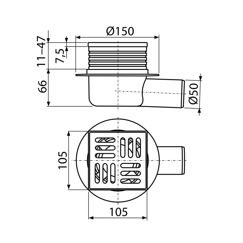 Alca Drain APV26 105x105 Chrome podni slivnik sa visinom ugradnje 77-113mm, mokrim sifonom, pokrivnom perforiranom rešetkom od nerđajućeg čelika debljine 5mm i horizontalnim odvodom Ø50mm