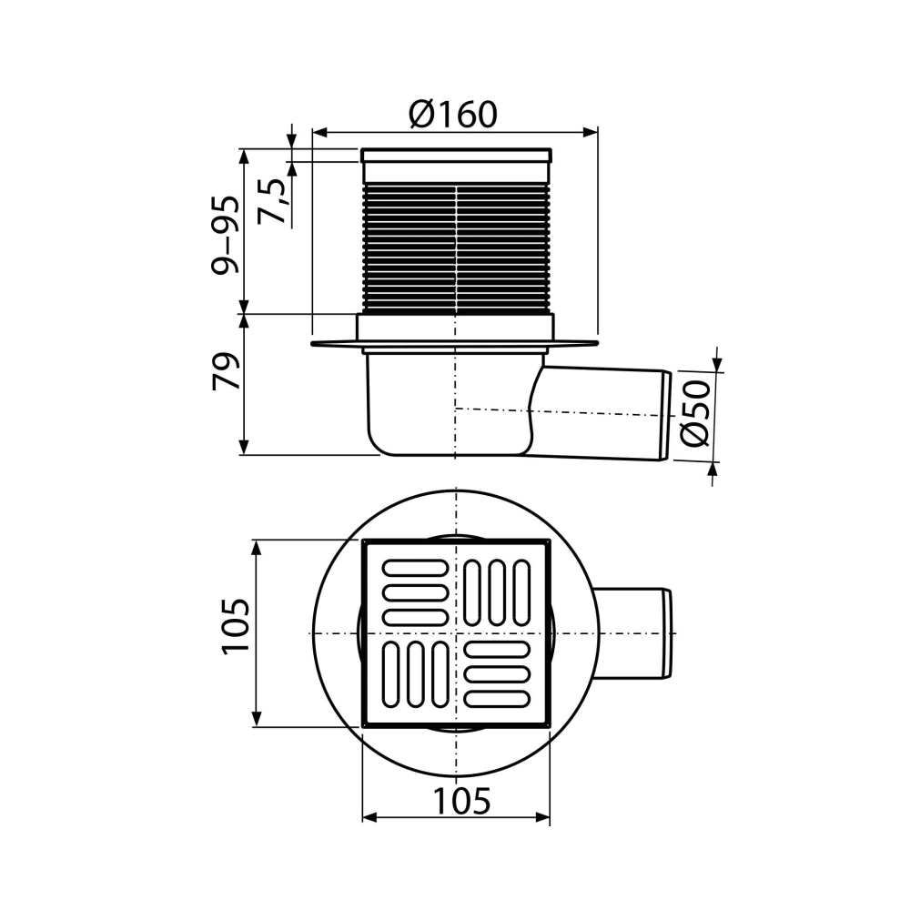 Alca Drain APV31 105x105 Chrome podni slivnik sa visinom ugradnje 88-174mm, Smart sifonom sa zatvaračem mirisa, pokrivnom perforiranom rešetkom od nerđajućeg čelika debljine 5mm i horizontalnim odvodom Ø50mm
