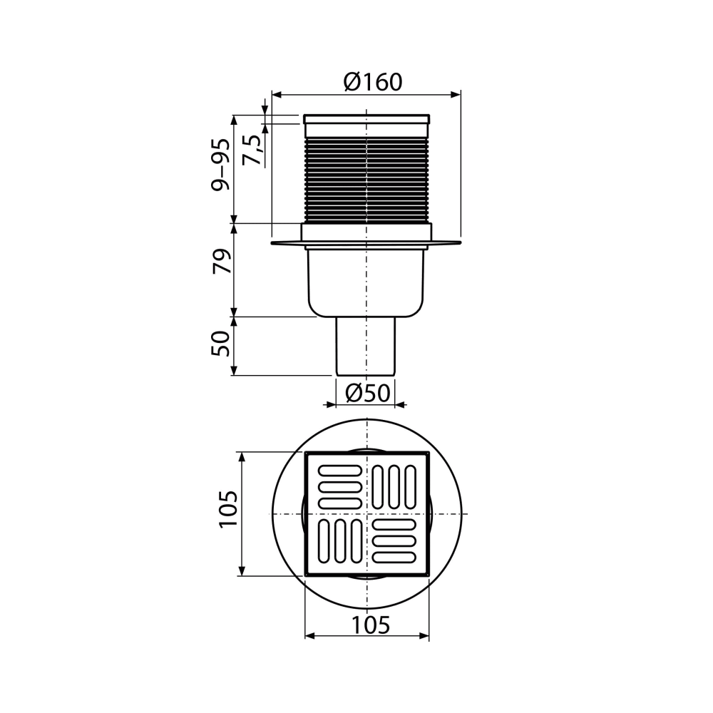 Alca Drain APV32 105x105 Chrome podni slivnik sa visinom ugradnje 138-224mm, Smart sifonom sa zatvaračem mirisa, pokrivnom perforiranom rešetkom od nerđajućeg čelika debljine 5mm i vertikalnim odvodom Ø50mm