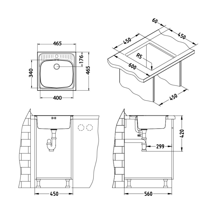 Alveus Basic 130 NAT sudopera ugradna četvrtasta prohromska 46,5x46,5x16 sa rupom za slavinu, prelivom i odvodnim otvorom 1008825